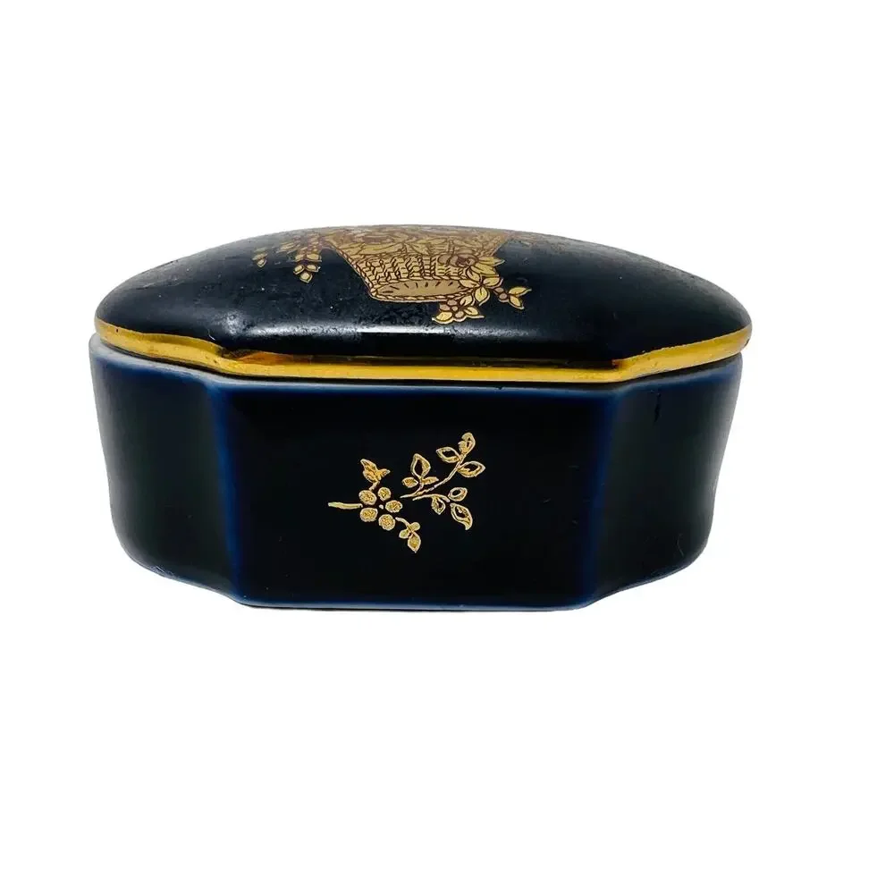 Limoges 24K Gold Castel Trinket Box Ceramic Gold Trim 24K Navy Blue